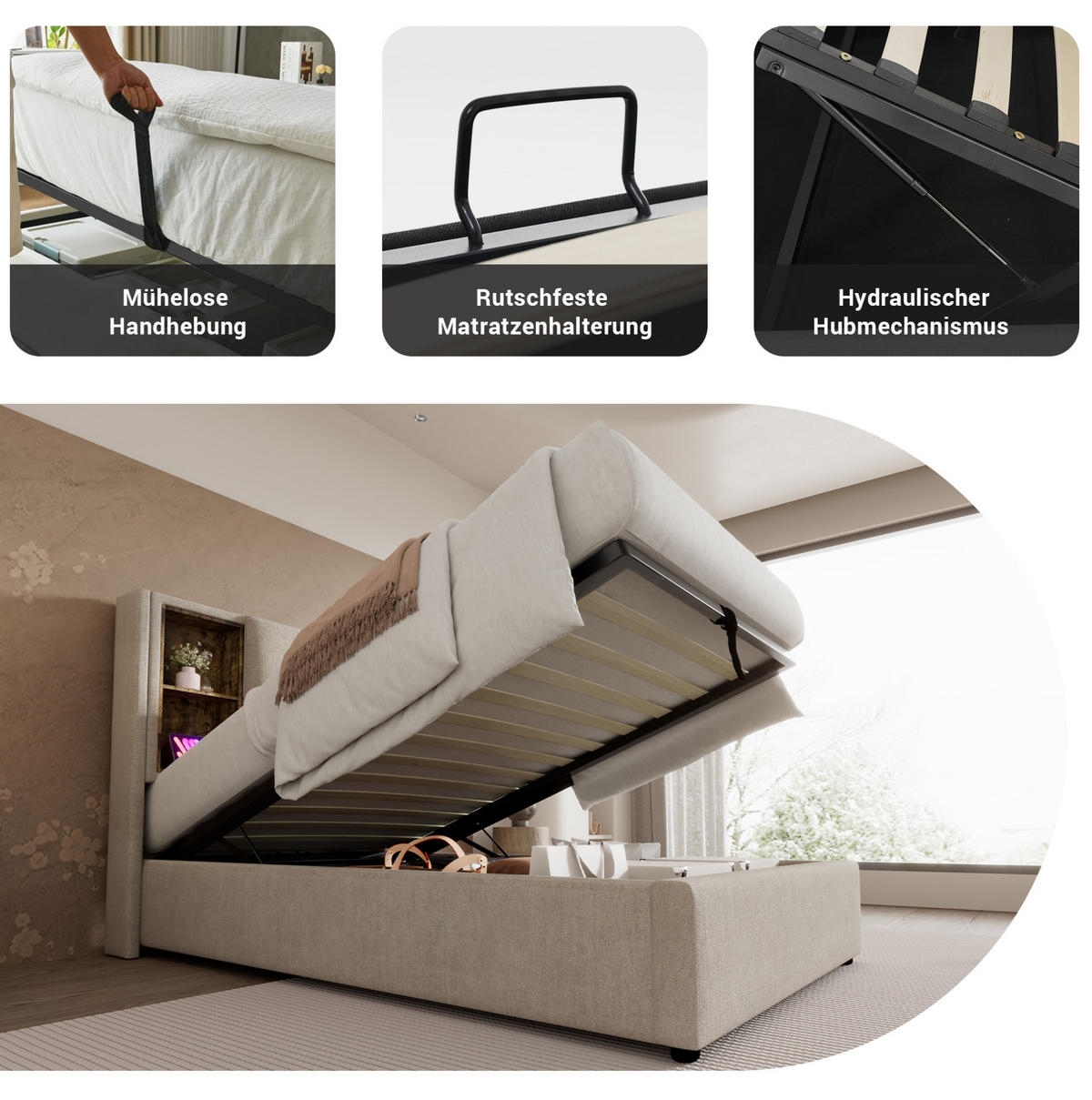 POLSTERBETT 90/200 cm Naturfarben mit Kabellosem Laden und USB-Anschlüssen - Naturfarben, Textil (90/200cm) - OKWISH