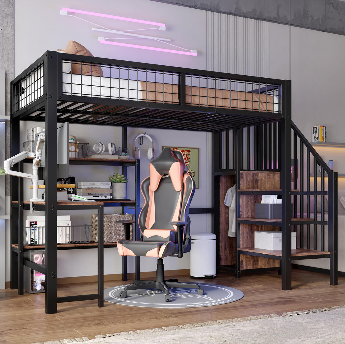 HOCHBETT 90/200 cm Schwarz/Braun aus Metall und MDF mit Schreibtisch und Kleiderschrank - Schwarz, Holzwerkstoff (90/200cm) - OKMYHOME