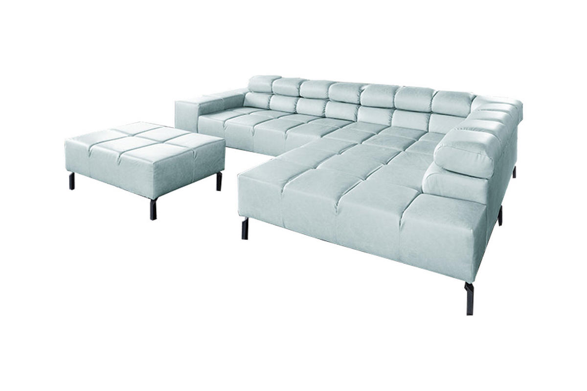 ECKSOFA NELSON Hellblau Leder Relaxfunktion - Schwarz/Hellblau, Leder/Metall (321/216cm) - KAWOLA