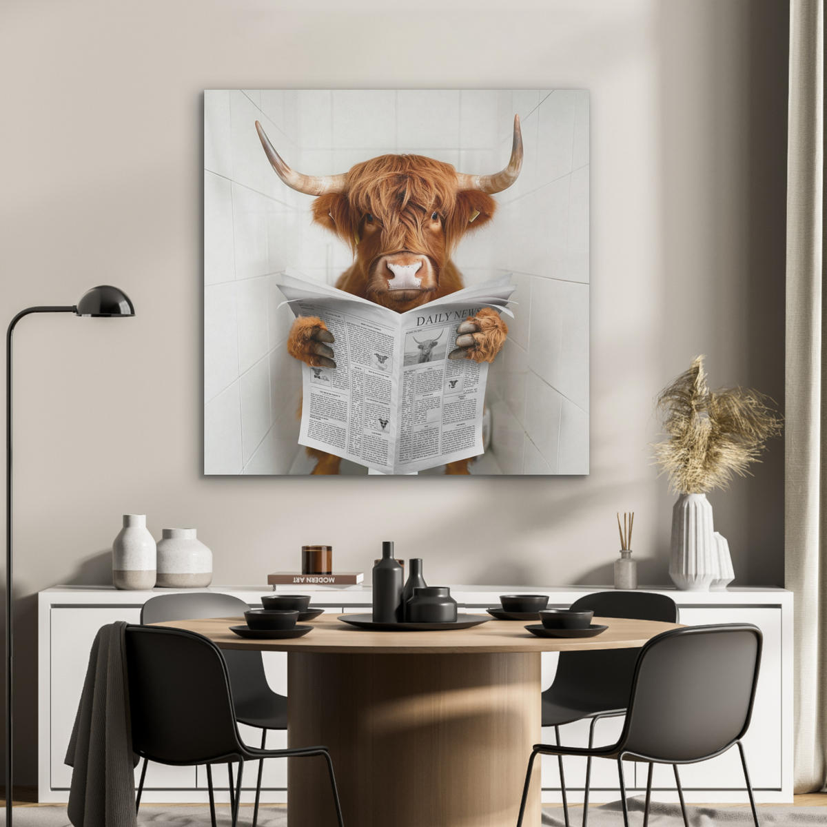 AKUSTIKPANEEL Schottisches Hochlandrind - Tier - Zeitung - Toilette 90x90 cm - Kastanienfarben, Textil (90/0.9/90cm) - MuchoWow