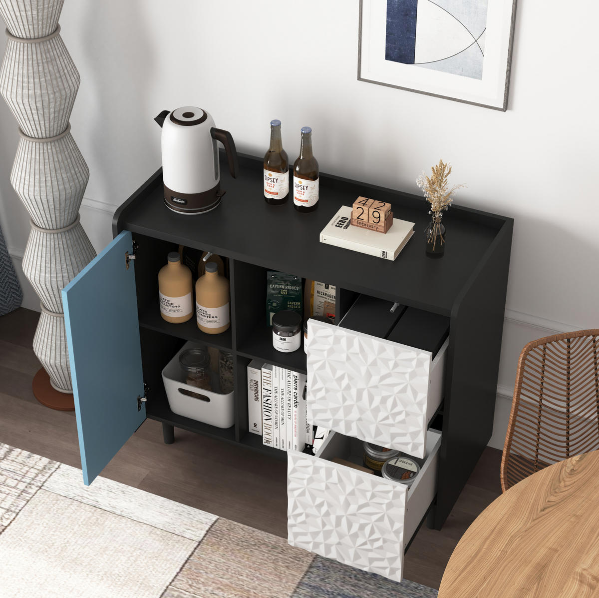 SIDEBOARD aus MDF 40x90x80 cm Schwarz/Blau mit 2 Schubladen, offenem Stauraum und Schrankfach - Schwarz, Holzwerkstoff (90/80/40cm) - Modfu