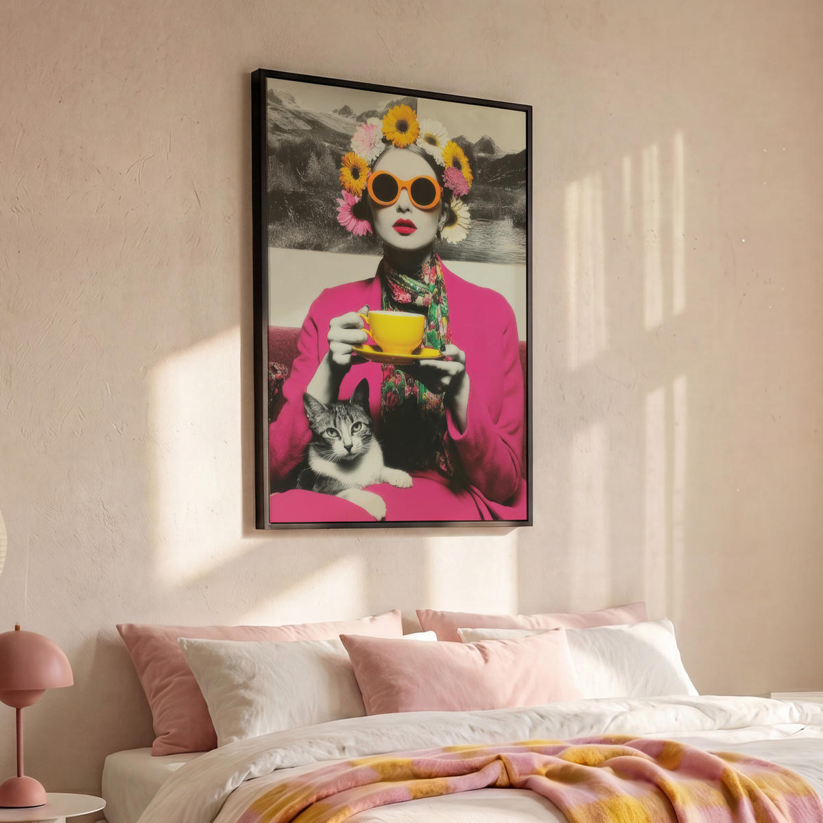 LEINWAND Bilder mit Rahmen - Frau - Katze - Blumen - Tasse - Retro - 80x120 - Magenta, Textil (80/120cm) - MuchoWow