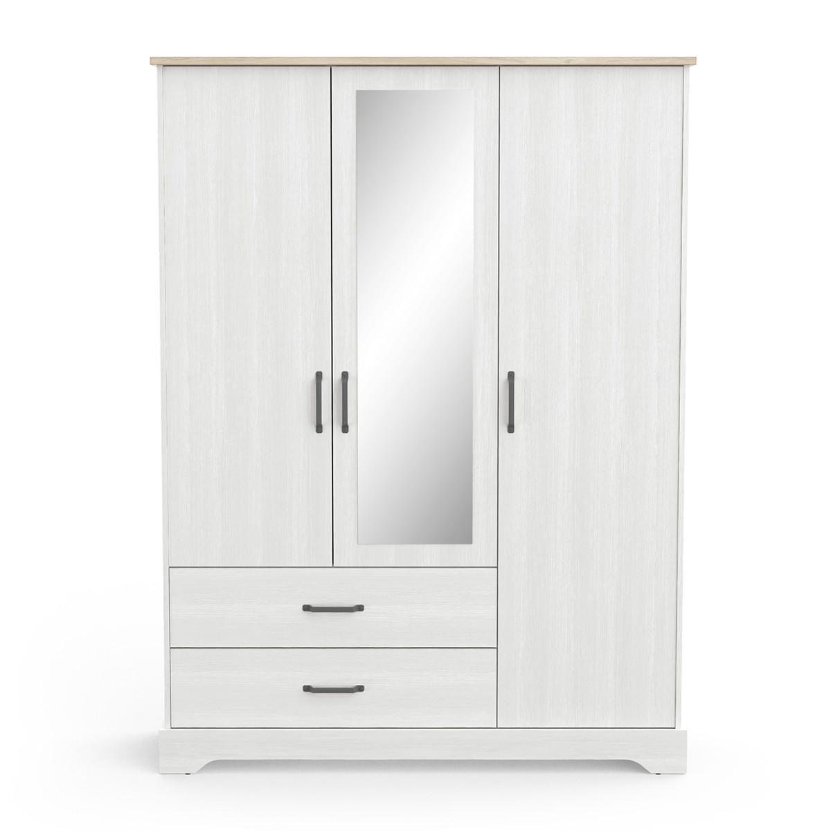 KLEIDERSCHRANK mit 3 Türen, 1 Spiegel und 2 Schubladen Cottage - H199,60 cm - Weiß, Holzwerkstoff (57.1/199.6/148.6cm) - Calicosy