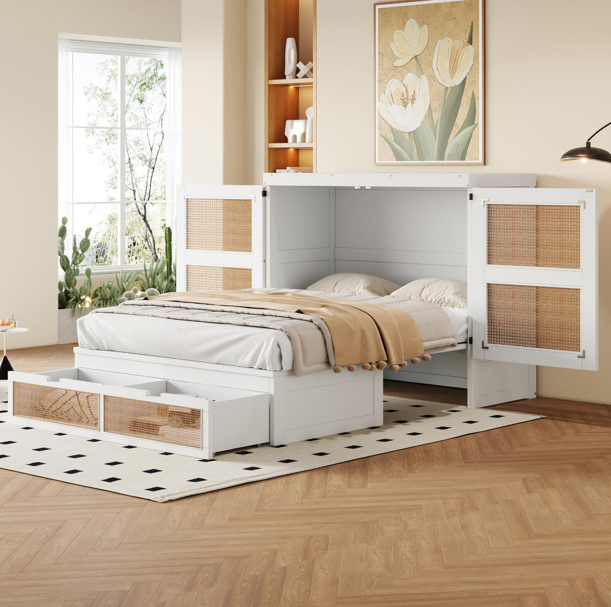 BETT 140/200 cm in Weiß mit Rattan-Design und Schubladen - Weiß, Holzwerkstoff (140/200cm) - Flora Grace