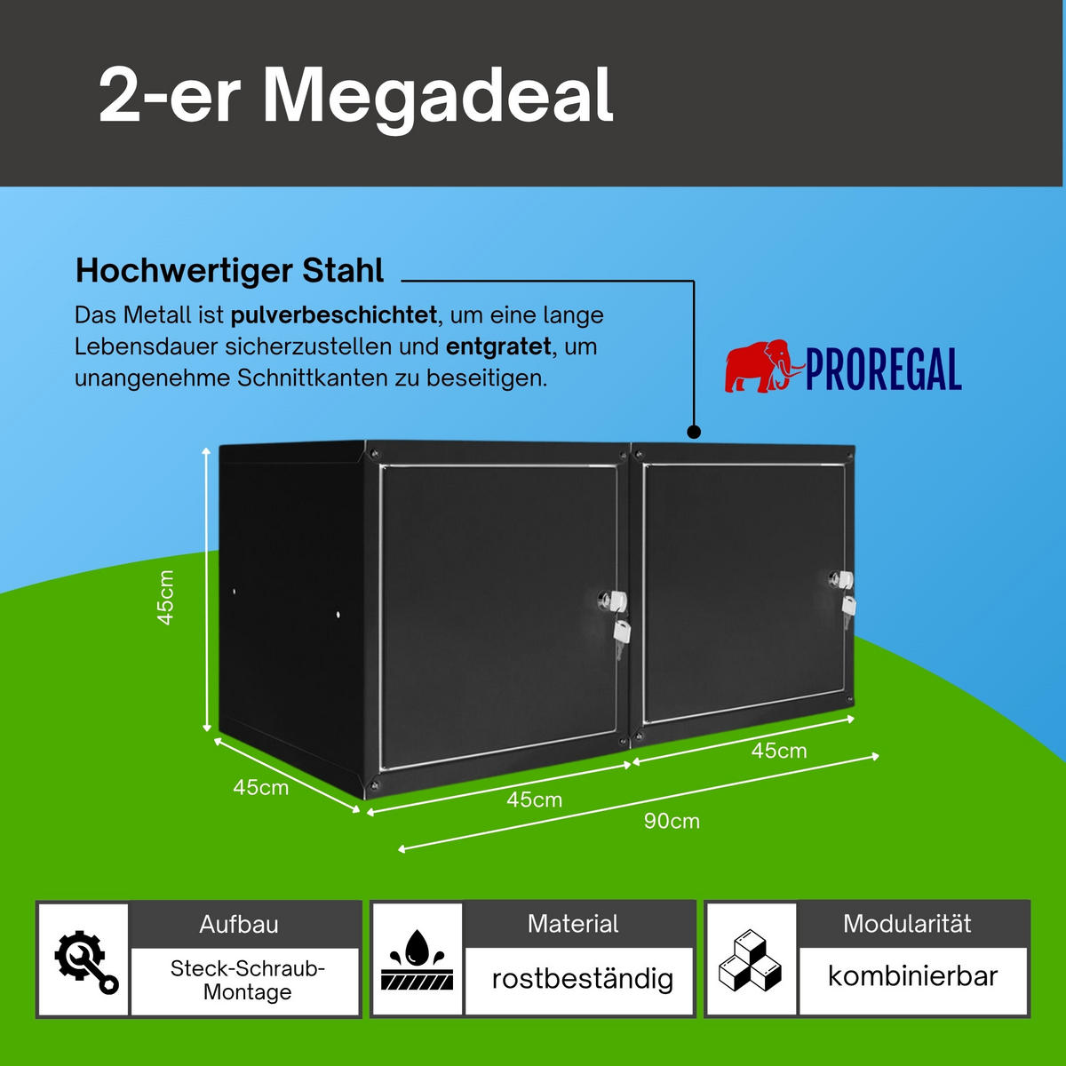 SCHLIESSFACHWÜRFEL 2er-Set Cubic XL HxBxT 45x45x45 cm Schwarz - Schwarz, Metall (90/45/45cm) - PROREGAL