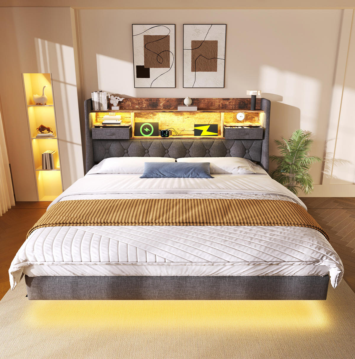 ČALÚNENÁ posteľ 180/200 cm s LED osvetlením, sivá, s úložným čelom a USB nabíjaním - sivá, textil (180/200cm) - BEAOK