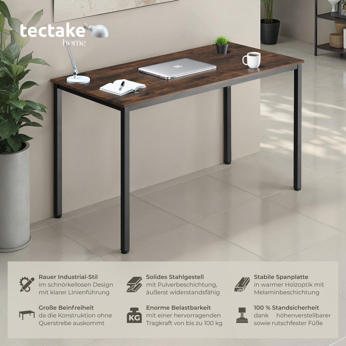 SCHREIBTISCH Vanport,120 x 60 x 75,5 cm,Industrial Holz dunkel, rustikal - Rostfarben, Holzwerkstoff (120/60/75.5cm) - tectake