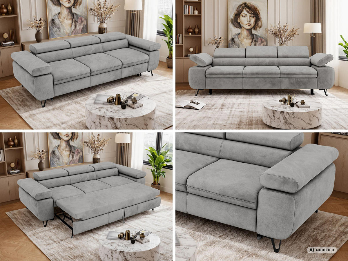 TROJMIESTNA POHOVKA PETER 3 s rozkládací funkcí - Svetlosivá Samet - čierna/svetlosivá, kov/textil (262/76/99cm) - MKS