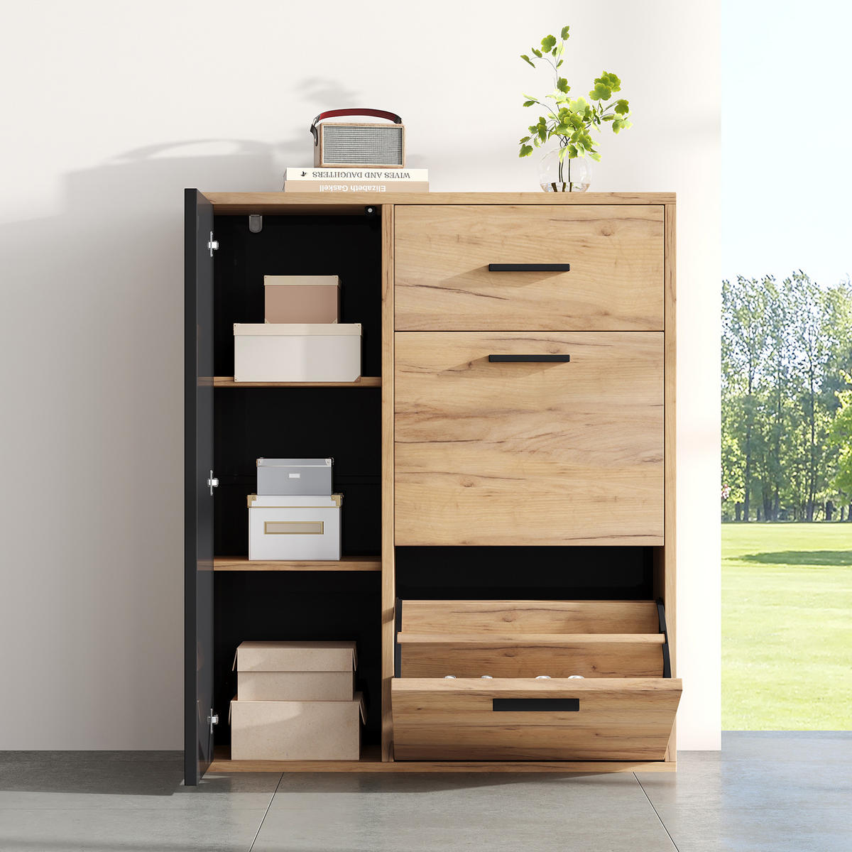 SCHUHSCHRANK Modern verstellbar Schwarz Natur 80x24x95.5cm - Multicolor, Holzwerkstoff (24/95.5/80cm) - FLIEKS