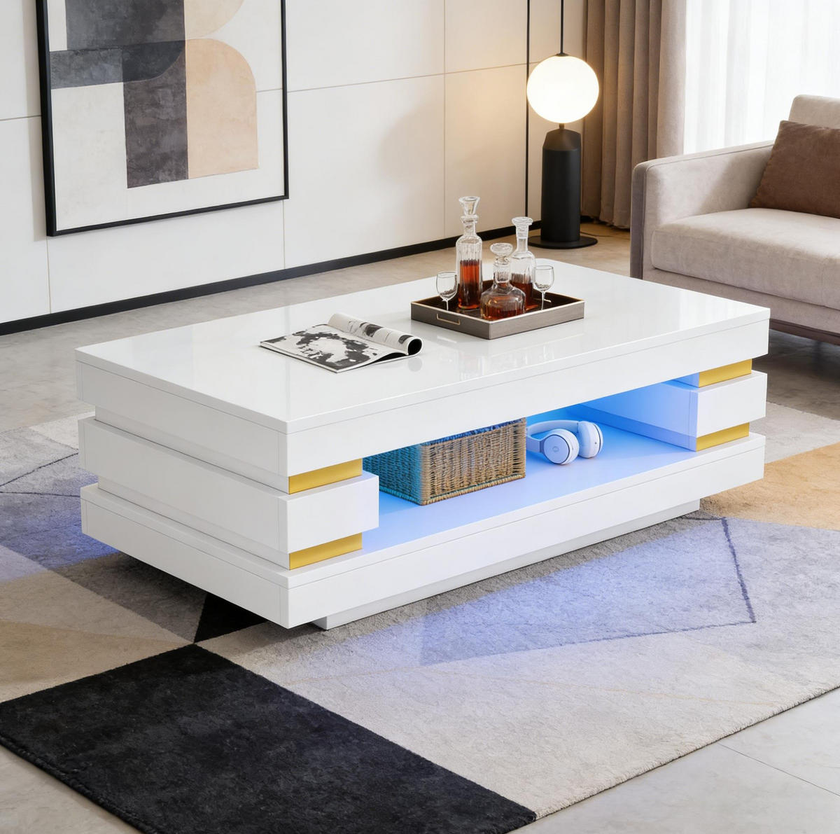 COUCHTISCH aus Spanplatte 100x50x35 cm in Weiß mit LED-Beleuchtung - Weiß, Holzwerkstoff (100/50/35cm) - Modfu