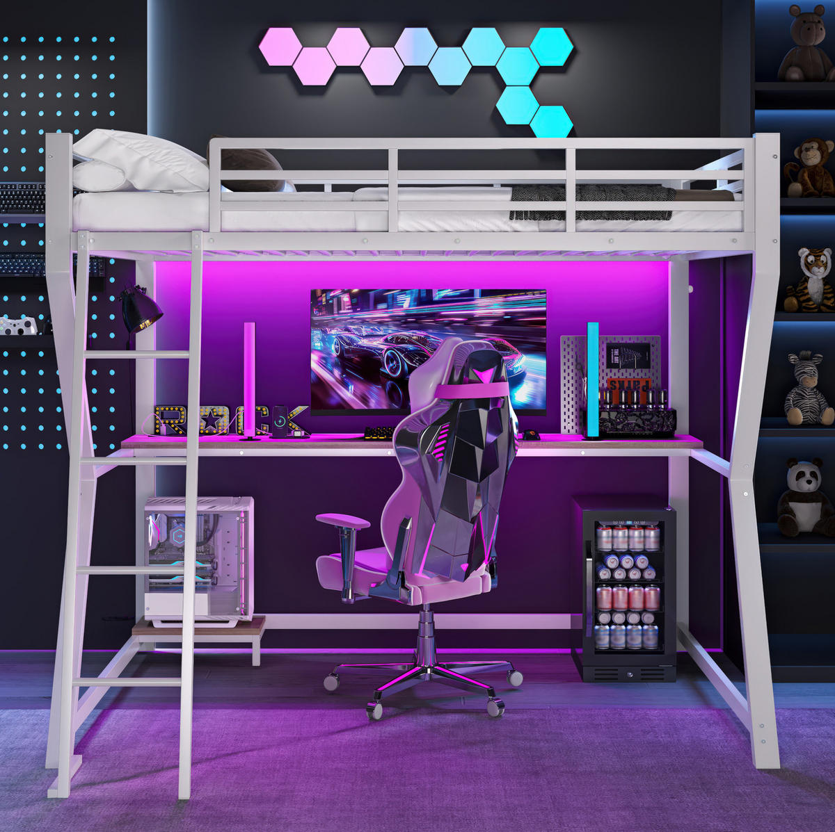 HOCHBETT aus Metall und MDF 90x200 cm Weiß mit LED-Beleuchtung, Schreibtisch, Steckdose und USB - Weiß, Metall (90/200cm) - IVMEU