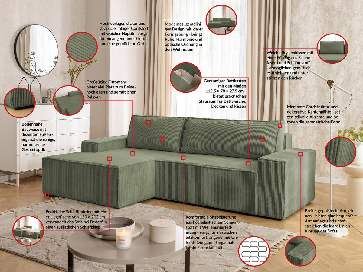 ECKSOFA Rivio mit Schlaffunktion und Bettkasten, Cordstoff Grün - Schwarz/Grün, Holz/Kunststoff (149/262cm) - S-Style