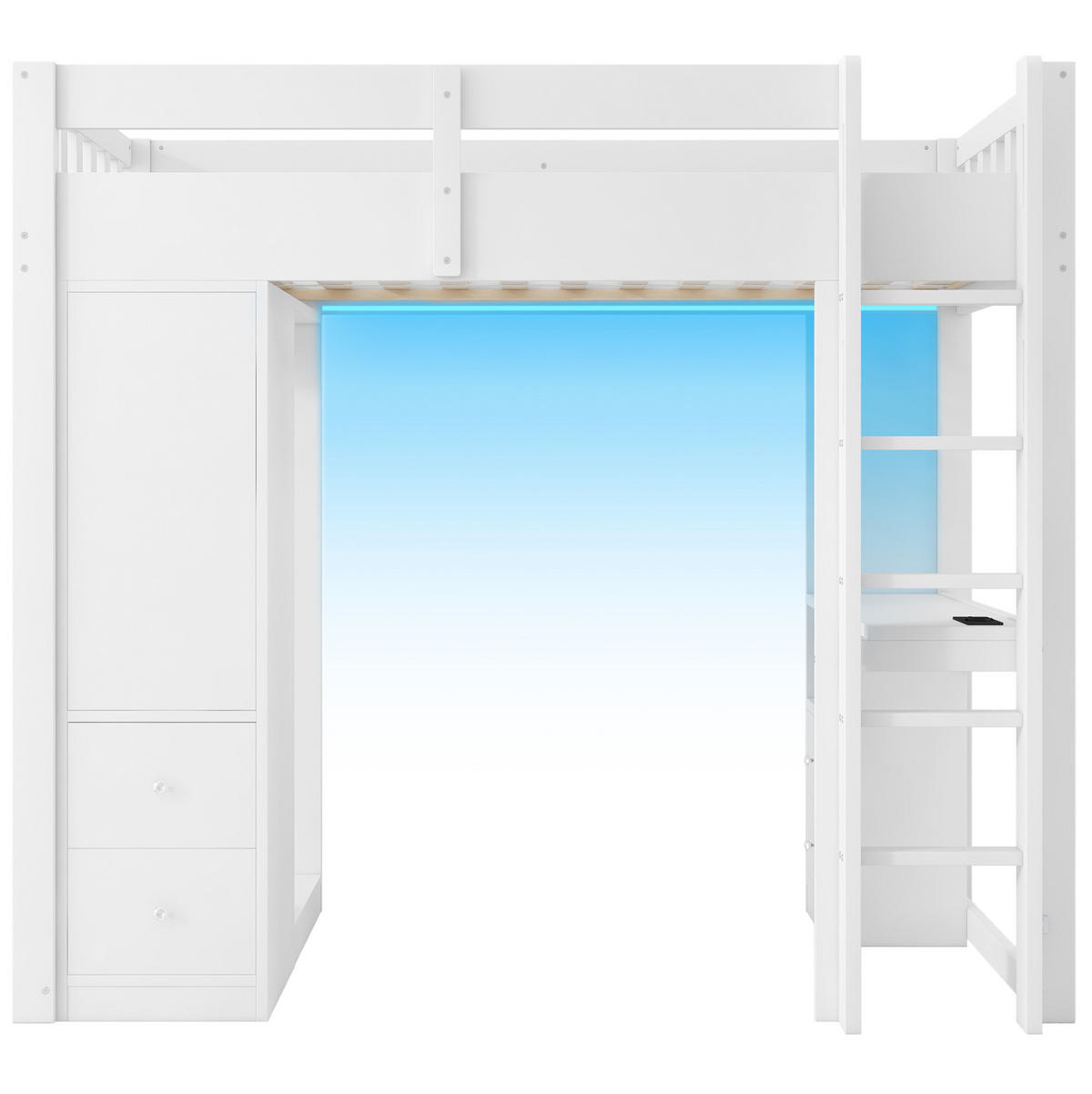 HOCHBETT 90/200 cm weiß aus Massivholz und MDF mit Schreibtisch und LED - Weiß, Holzwerkstoff (90/200cm) - OKWISH