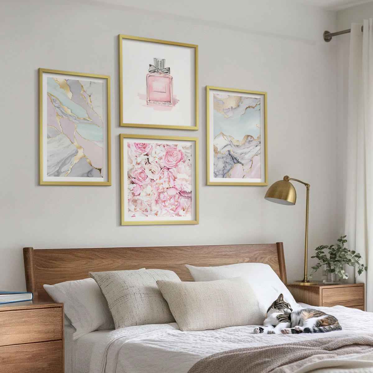 WANDBILDER 4er Set - 50x50 cm & 40x60 cm Goldrahmen - Rosa Blumen Marmor Pastell - Goldfarben, Kunststoff (50/50cm) - ArtPrintCave
