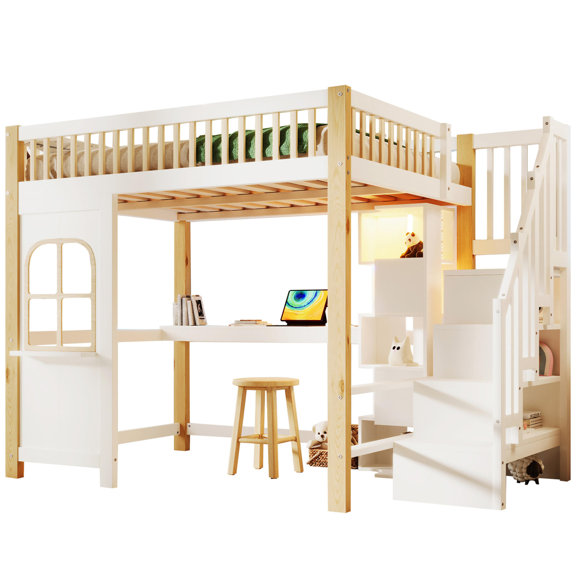 HOCHBETT 140/200 cm Weiß/Natur aus Kiefernholz und MDF mit Schreibtisch - Weiß, Holz (140/200cm) - OKMYHOME