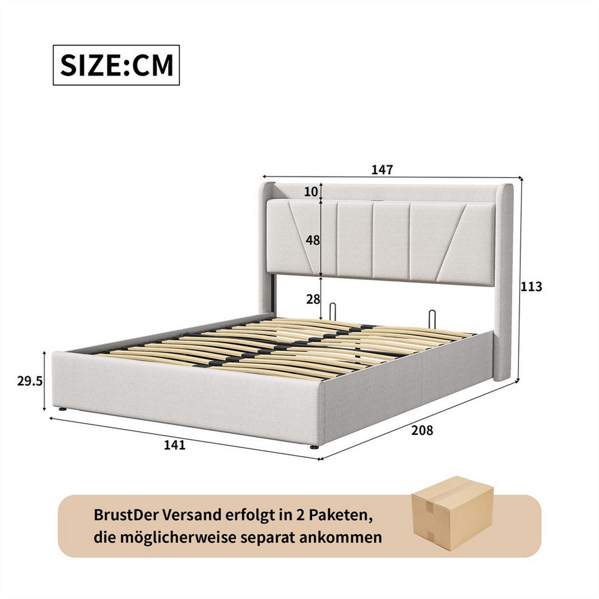 POLSTERBETT 140x200 cm - Hydraulisches Stauraumbett mit USB- und Type-C-Ladefunktion - ohne Matratze - Beige - Beige, Textil (140/200cm) - DELFA