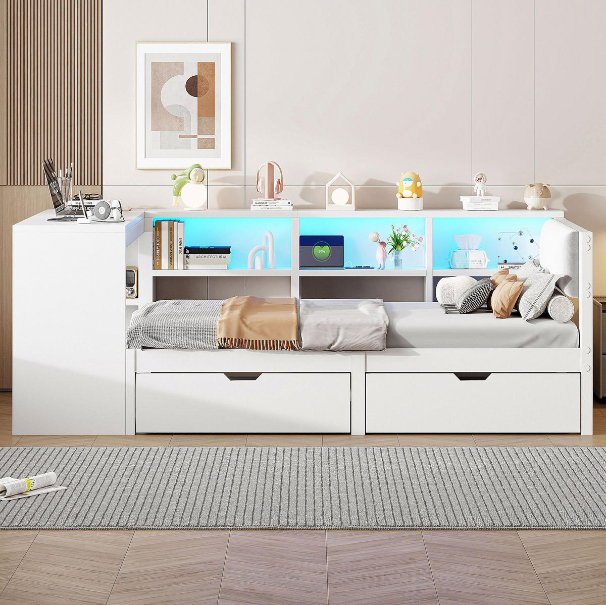 BETT 90/200 cm in Weiß mit Schubladen, LED-Beleuchtung und USB-Anschlüssen - Weiß, Holzwerkstoff (90/200cm) - Flora Grace