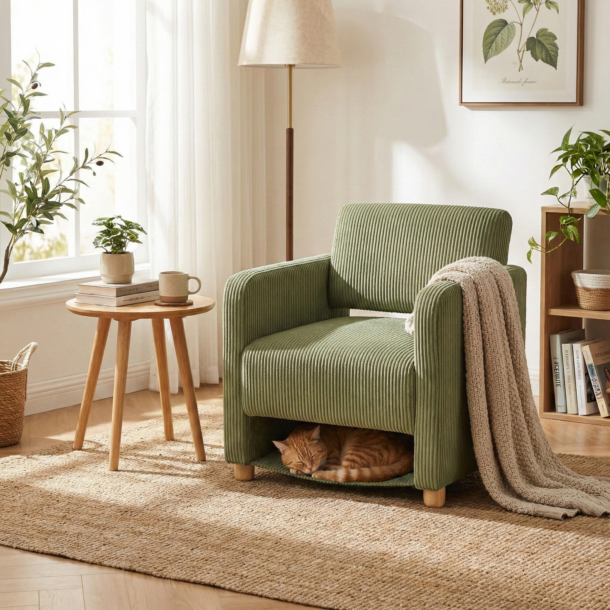 SESSEL, Gepolsterte breite Sitzfläche mit Armlehnen, Cordbezug, Massivholzfüße, Grün - Grün, Holz/Textil (66/76.5/73.5cm) - Meubles Cosy