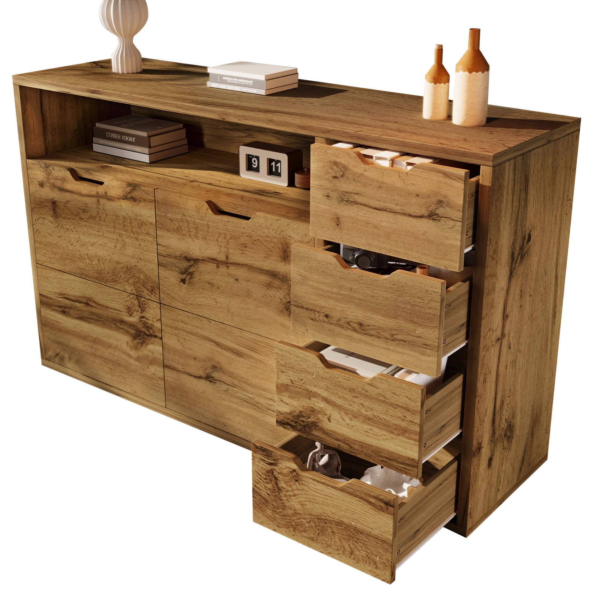 SIDEBOARD aus MDF und Metall 150x40x90 cm Eichefarben/Schwarz mit 2 Türen, 4 Schubladen, offenem Fach und Softclose - Eichefarben, Holzwerkstoff (150/90/40cm) - Modfu