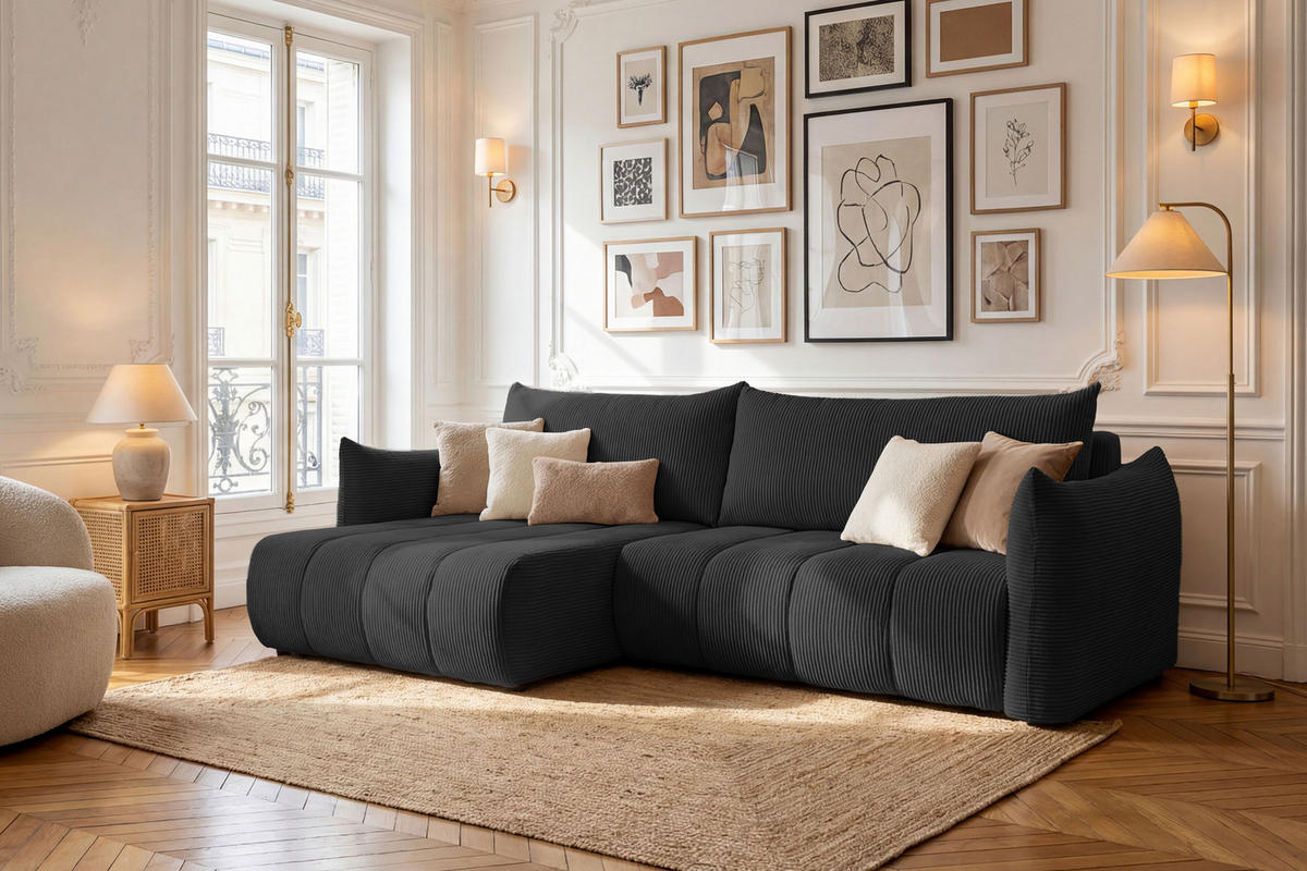 ECKSOFA Liv mit Schlaffunktion & Bettkasten in Cordstoff Schwarz, Universell 260/154/86 cm - Schwarz, Kunststoff/Textil (260/154cm) - WFL GROUP
