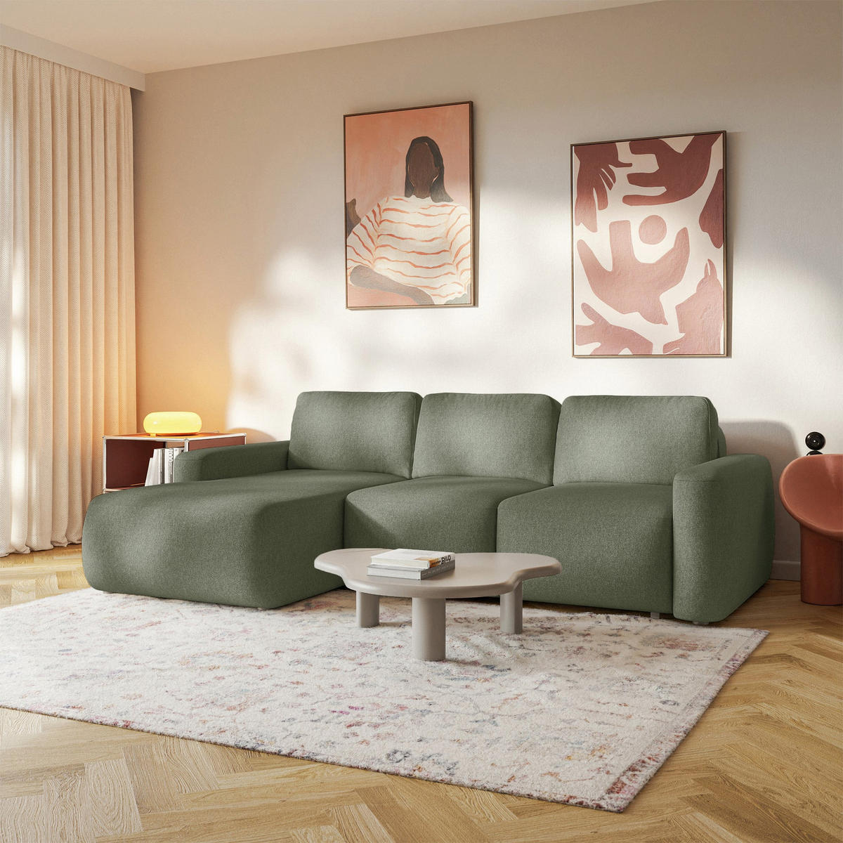 ECKSOFA Carnos Mini Olivgrün Chenille - Schwarz/Olivgrün, Kunststoff/Textil (238/164cm) - Selsey