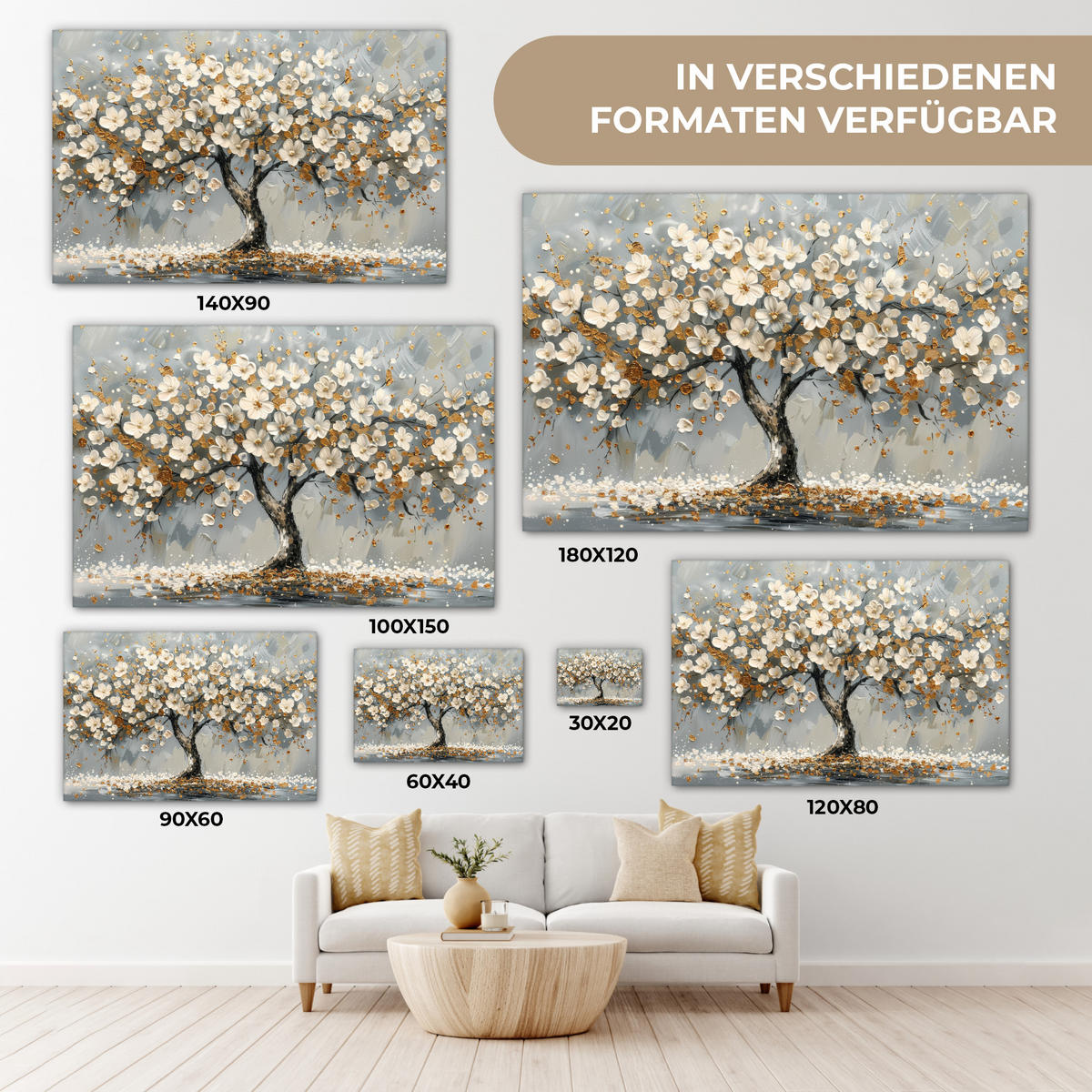 LEINWANDBILD Baum - Blumen - Weiß - Natur - Kunst 30x20 cm - Weiß, Textil (30/20cm) - MuchoWow