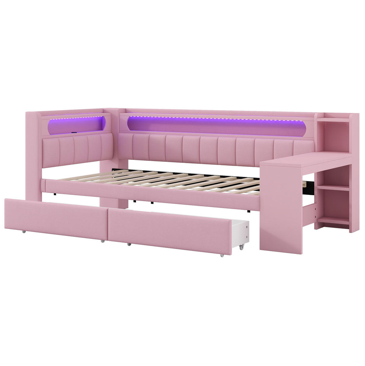 GEPOLSTERTES Tagesbett 90/200 cm mit LED-Beleuchtung, USB-Anschluss, Schreibtisch und 2 Schubladen, Rosa - Rosa, Holzwerkstoff (90/200cm) - Redom