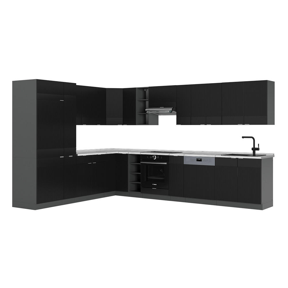 ECKKÜCHE Fame-Line, Schwarz gestreift/Anthrazit, 347 x 257 cm ohne Arbeitsplatte - Schwarz, Holzwerkstoff (347/81.6/46cm) - Vicco