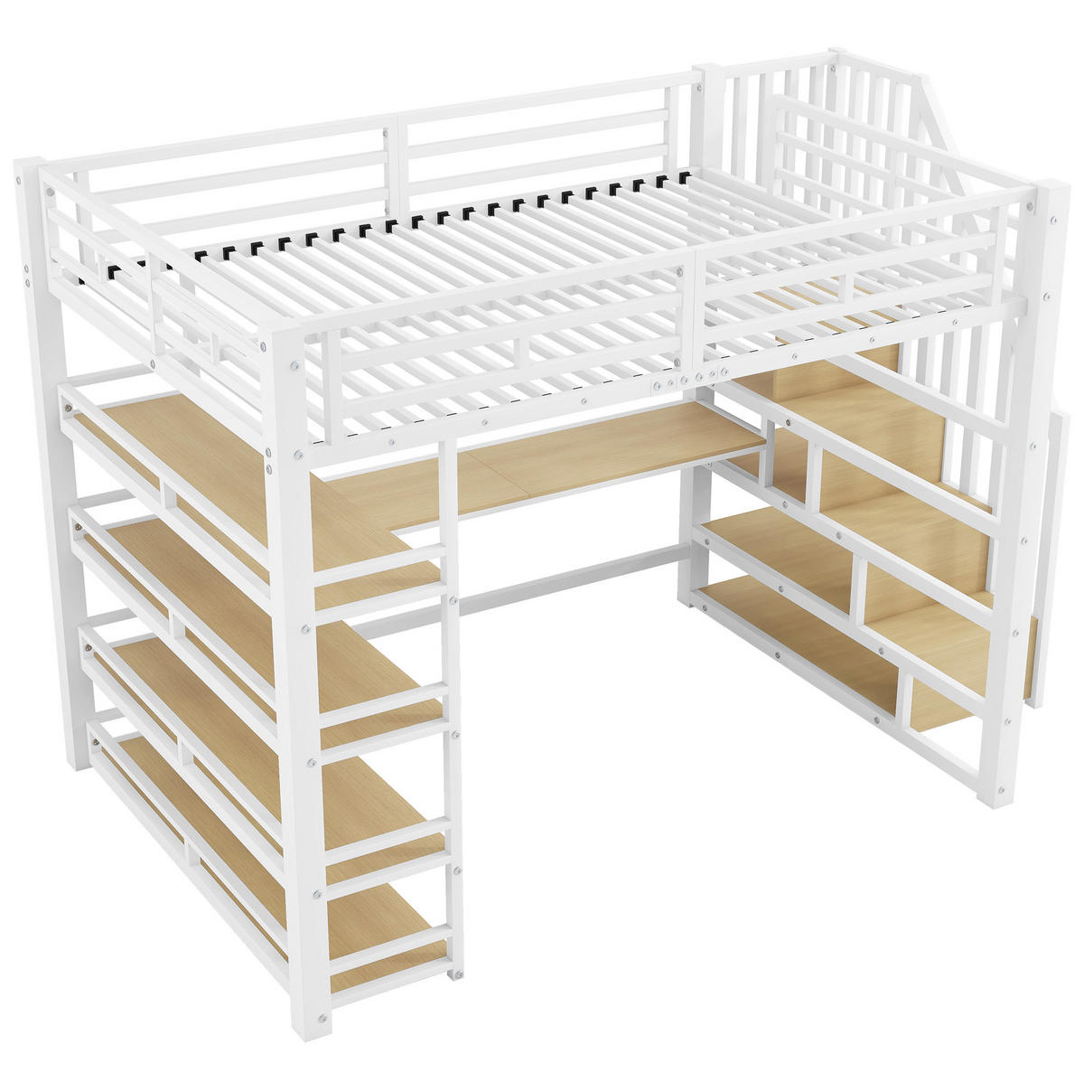 VYSOKÁ posteľ 140/200 cm biela z MDF a kovu s písacím stolom schodmi úložným priestorom USB a LED - biela, kompozitné drevo (140/200cm) - OKWISH