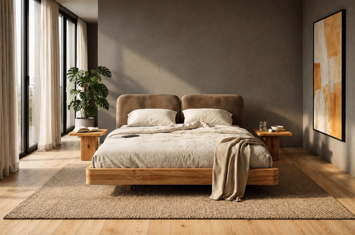 MASSIVHOLZBETT Eyko MAUI, 140/200, Wildeiche - lackiert, Samt-Kopfteil Braun - Eichefarben/Braun, Holz/Textil (140/200cm)