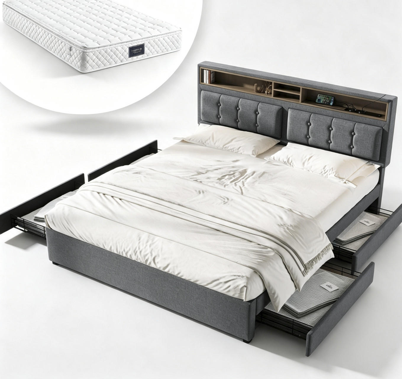 ČALOUNĚNÁ POSTEL 140/200 cm v šedé barvě se 4 zásuvkami, USB a Type-C - šedá, kov/kompozitní dřevo (140/200cm) - CHICFURN