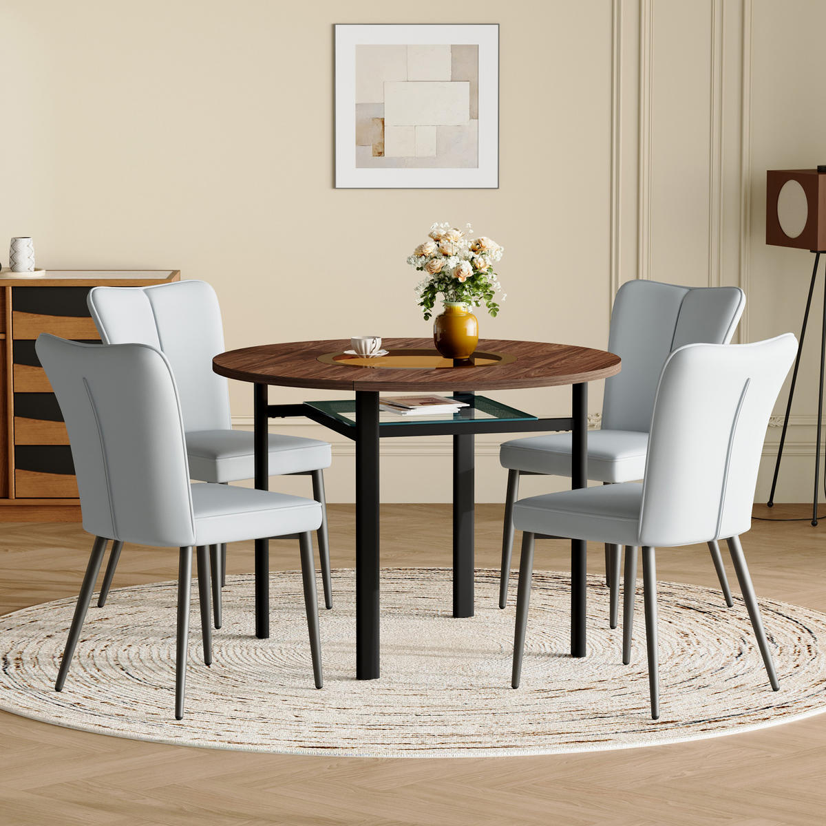 ESSGRUPPE DE-39368 5-teilig, mit 4 PU-Stühlen und Glasplatte Hellgrau - Hellgrau, Metall (100/76/100cm) - ComfortXL