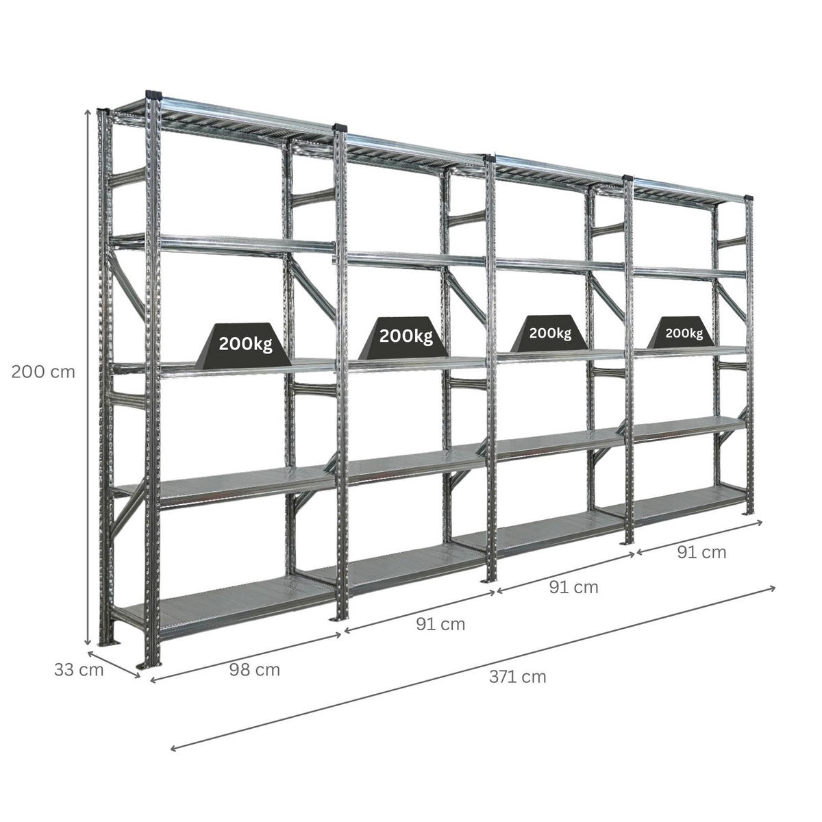 FACHBODENREGAL Proximo Stecksystem 200x360x32cm 5 Ebenen Fachlast 200 kg Beidseitig nutzbar Verzinkt - Silberfarben, Metall (360/200/32cm) - PROREGAL