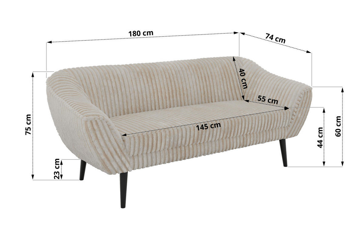 SITZGARNITUR PIRS 3+3 - Beige Cord - Schwarze Beine - Beige/Creme, Holzwerkstoff/Textil (180/75/74cm) - MKS