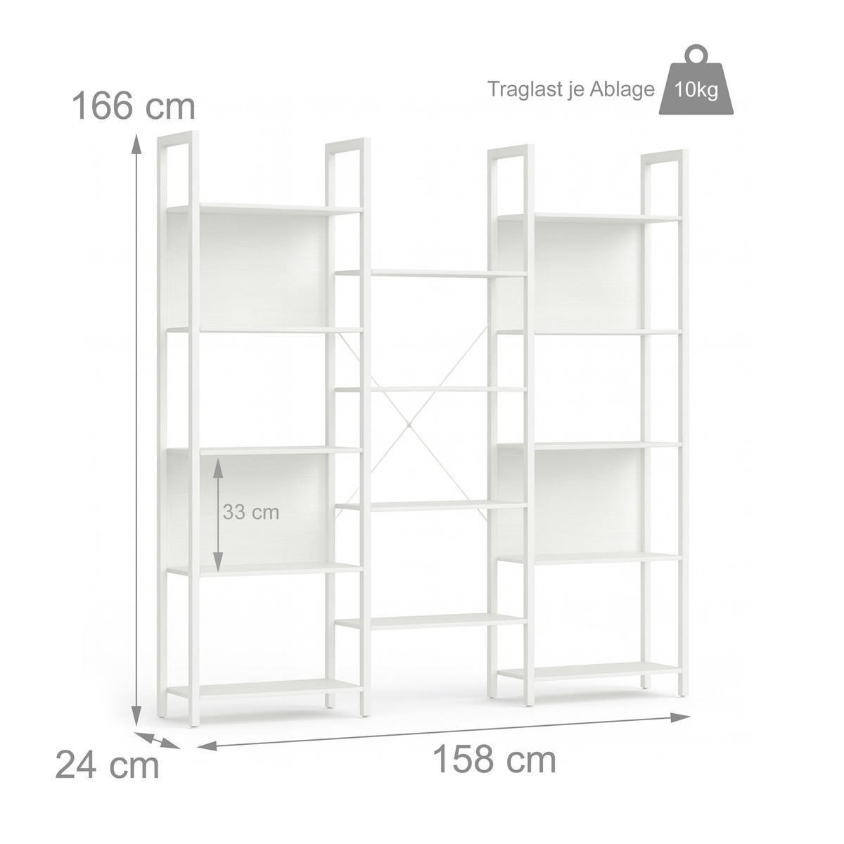 BÜCHEREGAL - Weiß, Holzwerkstoff/Metall (158/166/24cm) - Relaxdays