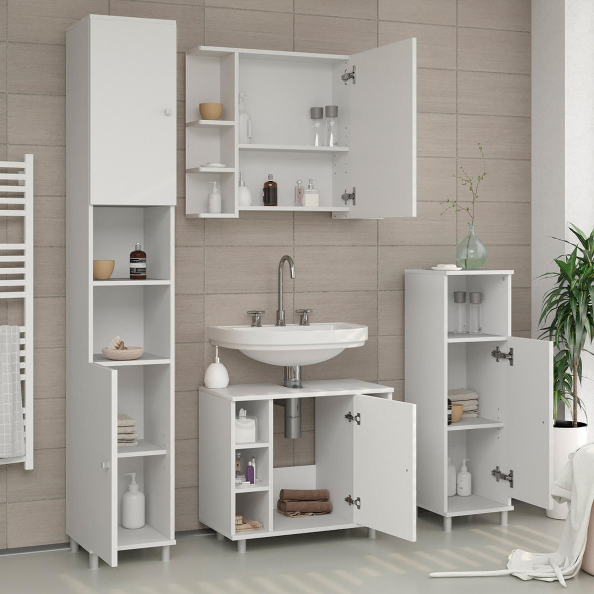 BADMÖBEL-SET Fynn Weiß 3 Teile, mit Hochschrank - Weiß, Holzwerkstoff (60/54/32cm) - Vicco