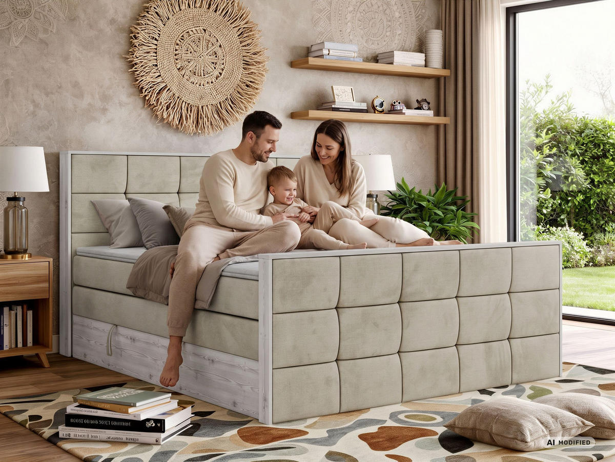 BOXSPRINGBETT ALNOR KING DUO 180/200 - Beige Velvet - Topper Visco - H4 - Beige/Schwarz, Kunststoff/Textil (180/200cm) - MKS