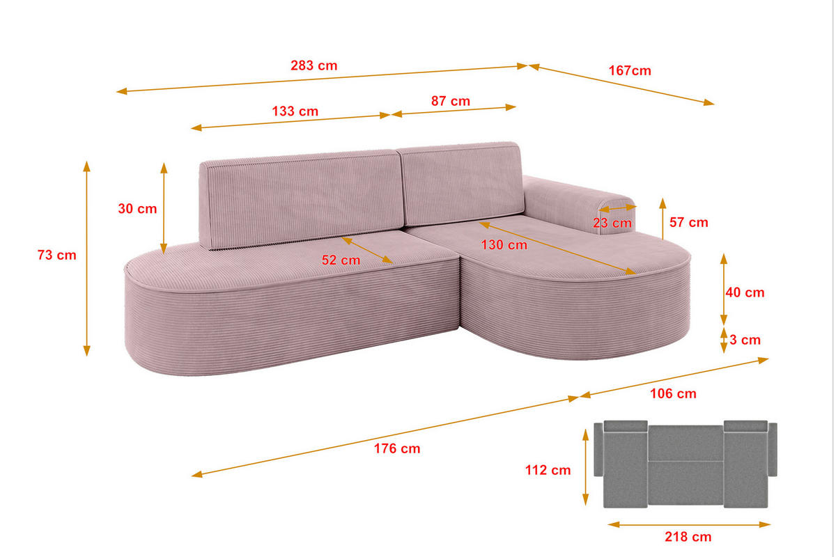 ECKSOFA mit Schlaffunktion und Bettkasten Ottomane Rechts MARI-L1-S - 283x167x73 cm Rosa Cord - Schwarz/Rosa, Holzwerkstoff/Kunststoff (167/283cm) - ALTDECOR