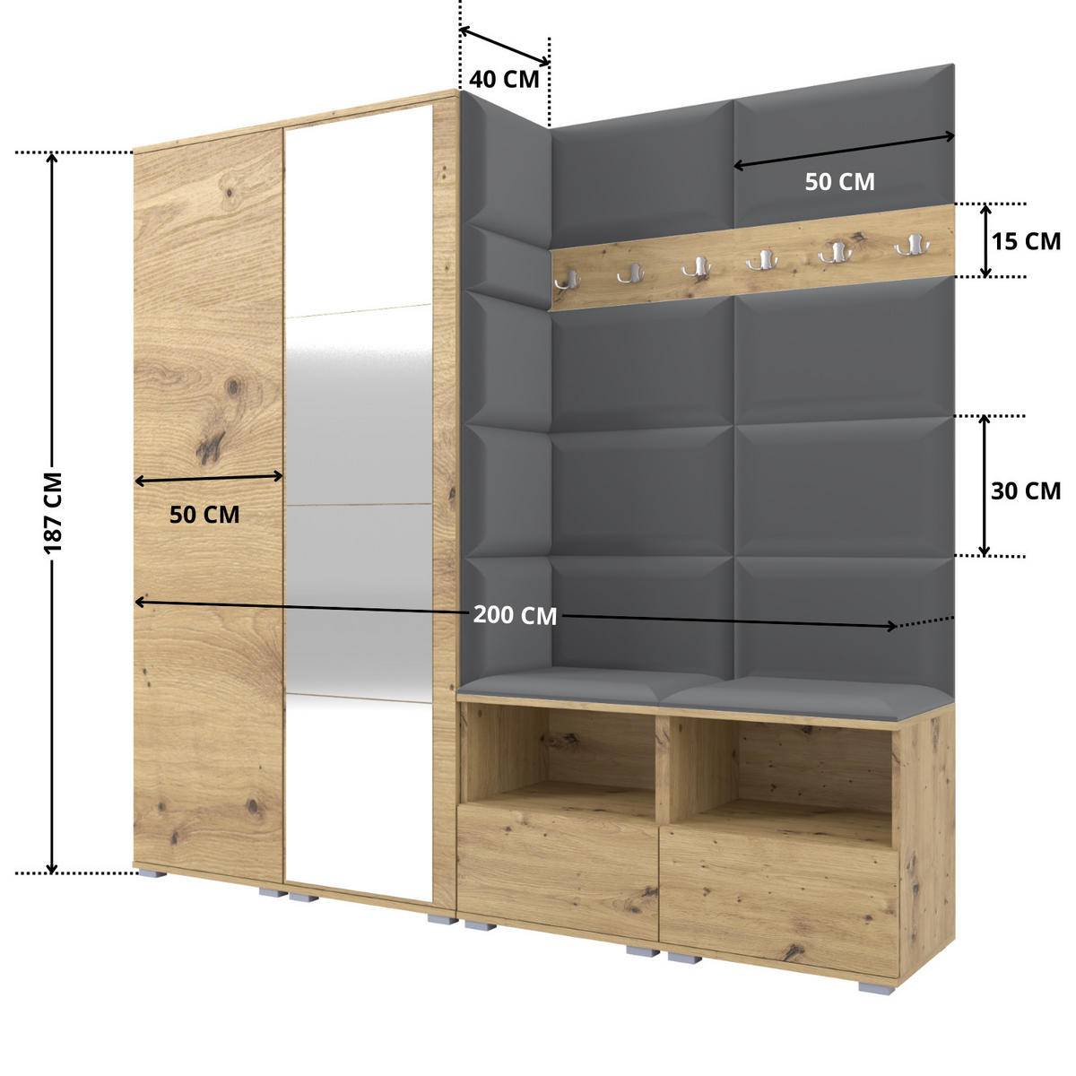 GARDEROBE NELA VI 200 cm (Modulare Flurmöbel Artisan Eiche mit Spiegel & Sitzpolster Dunkelgrau 15 Universell) - Dunkelgrau/Silberfarben, Holz/Holzwerkstoff (200/187/40cm) - Ravio
