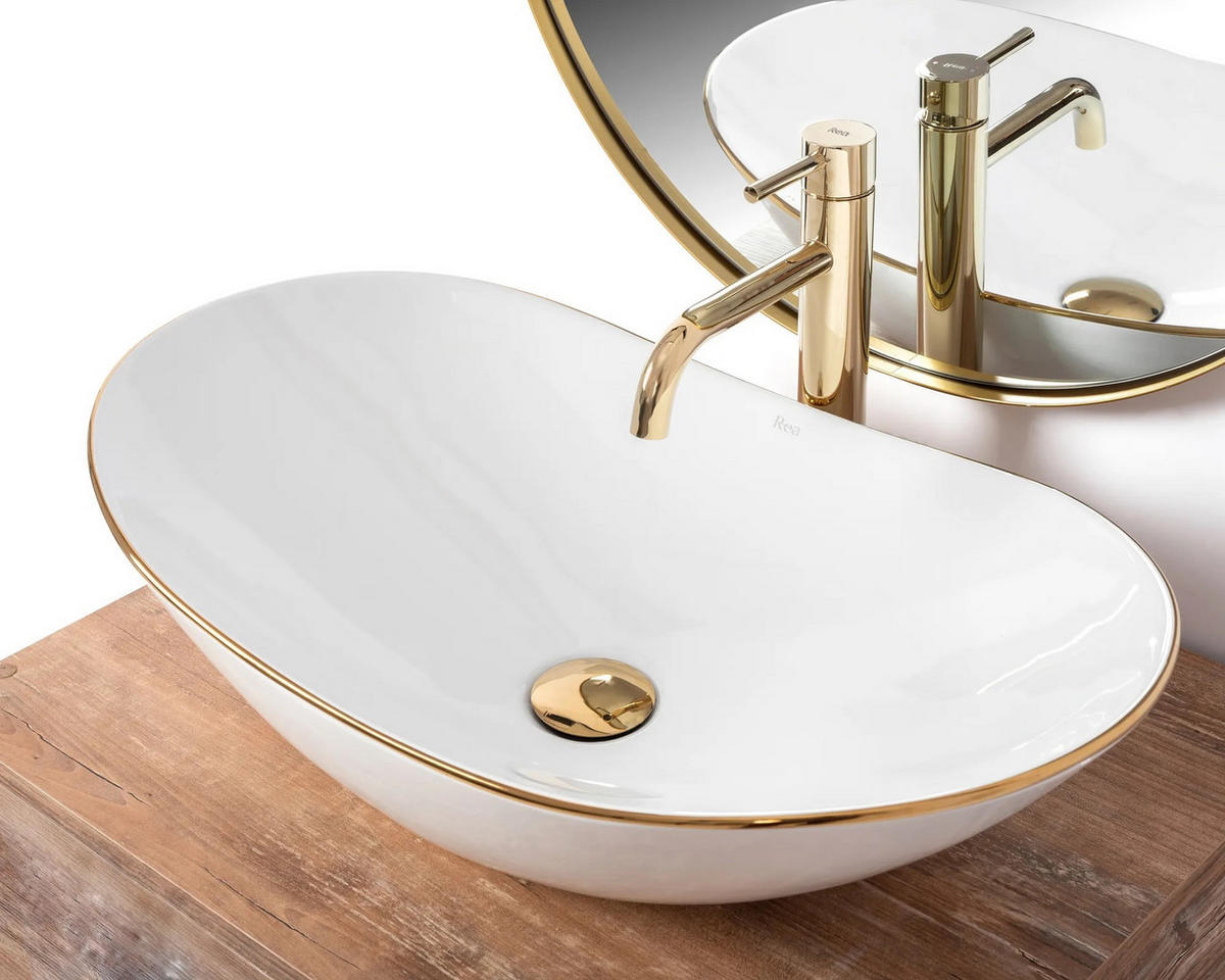AUFSATZWASCHBECKEN Rea Royal Gold Edge - Weiß, Keramik (36/16/62cm) - REA