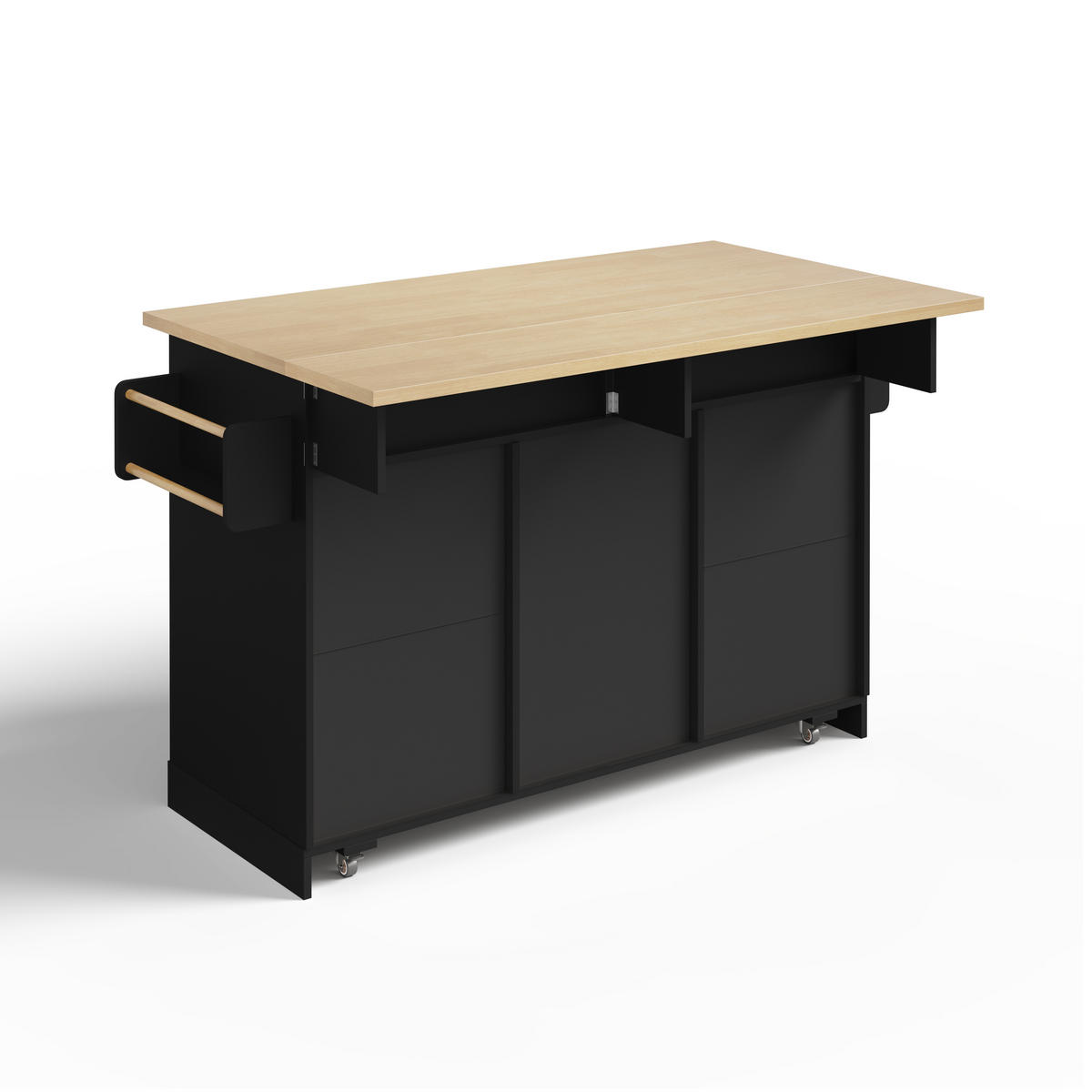 KÜCHENINSEL in Schwarz mit Holzoptik-Platte, klappbarer Arbeitsfläche und Rollen - Schwarz, Holzwerkstoff (120/92/70cm) - Urban Meuble