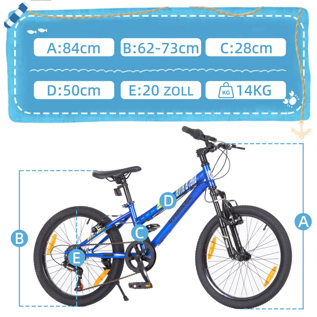 KINDERFAHRRAD 20 Zoll - Blau mit V-Bremsen und 6-Gang-Schaltung - Stahlrahmen - Blau, Metall (84cm) - Oxeza