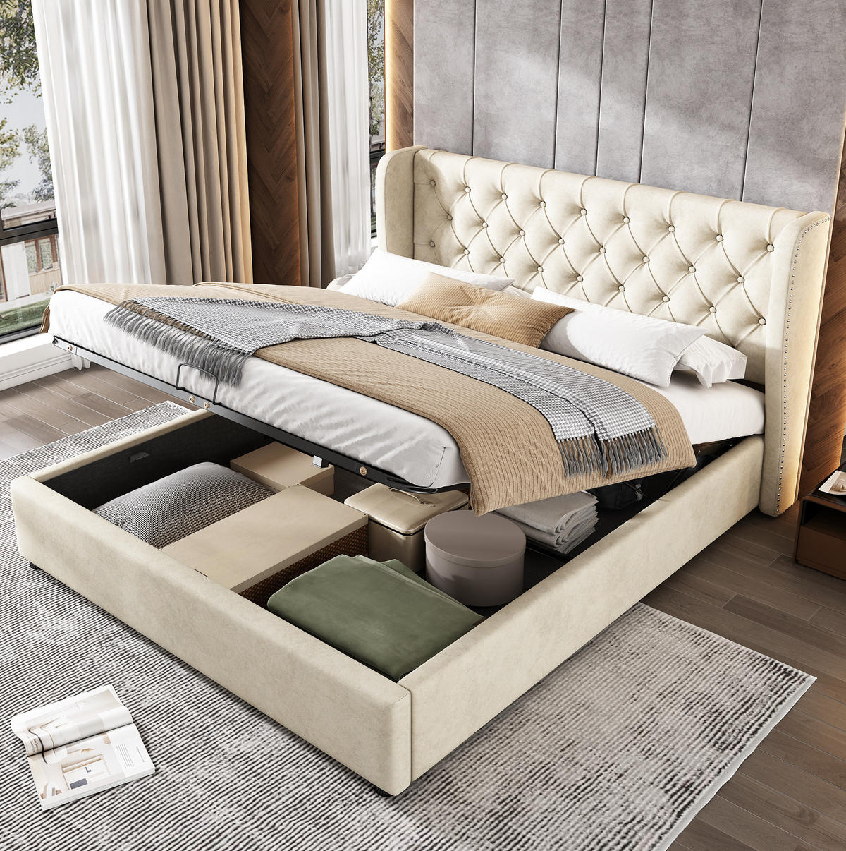 POLSTERBETT mit Bettkasten 140x200 cm Samt Beige inkl. Lattenrost - Beige, Metall (140/200cm) - Meubliv