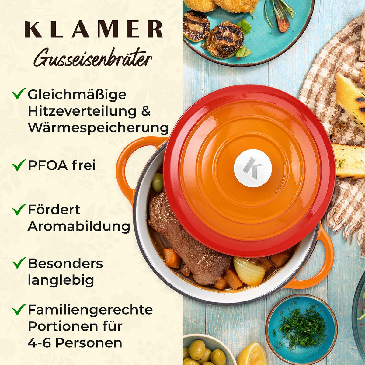 BRÄTER Gusseisen 5 L - Orange, Metall (33.5/26/17.5cm) - KLAMER