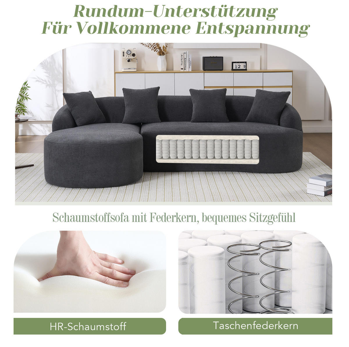 SOFA 3-Sitzer bogenförmig Chenille Dark Grey - Dunkelgrau, Textil (150/243cm) - Meubliv