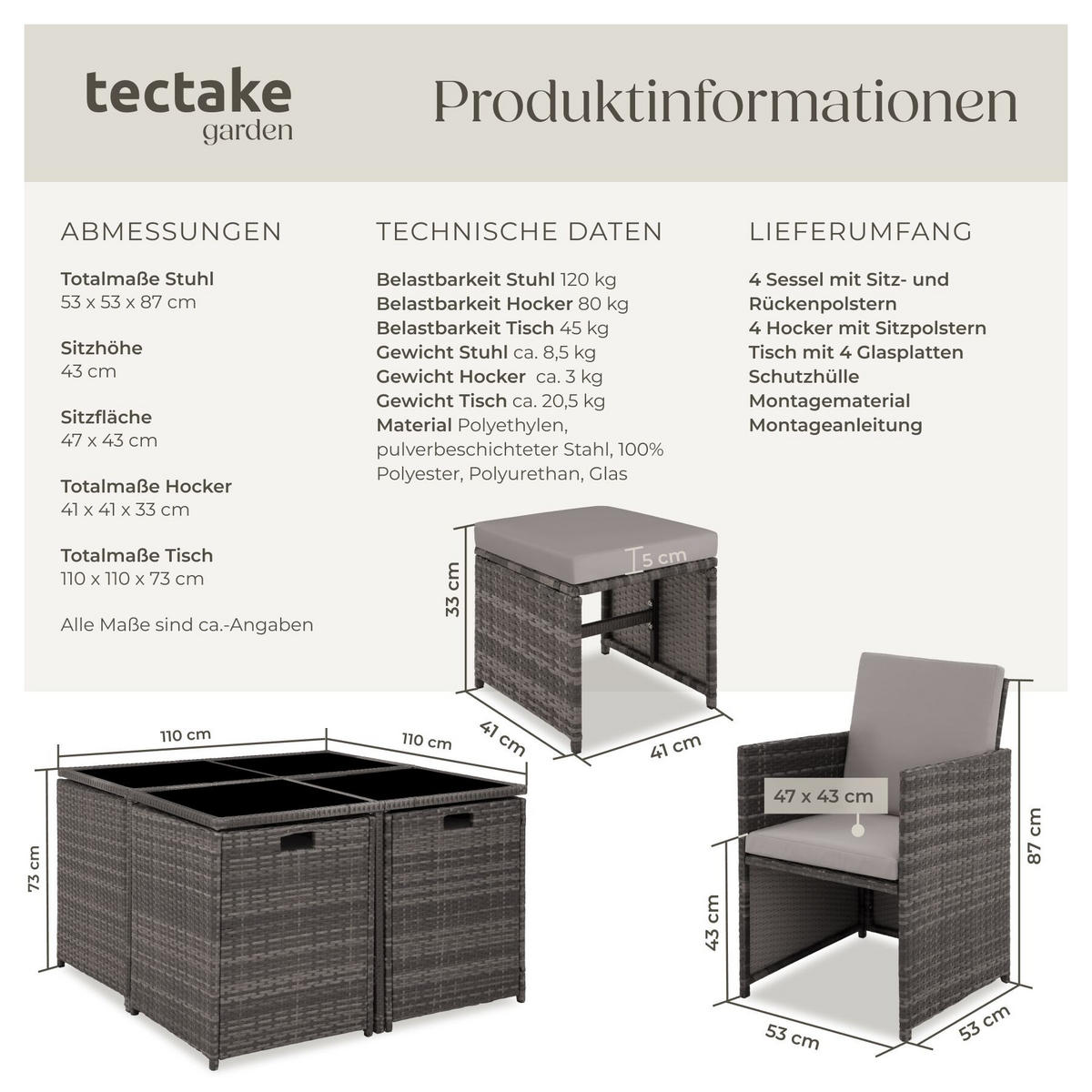 RATTAN SITZGRUPPE Bilbao, zusammenschiebbar, inklusive Schutzhülle, grau - Grau, Kunststoff - tectake