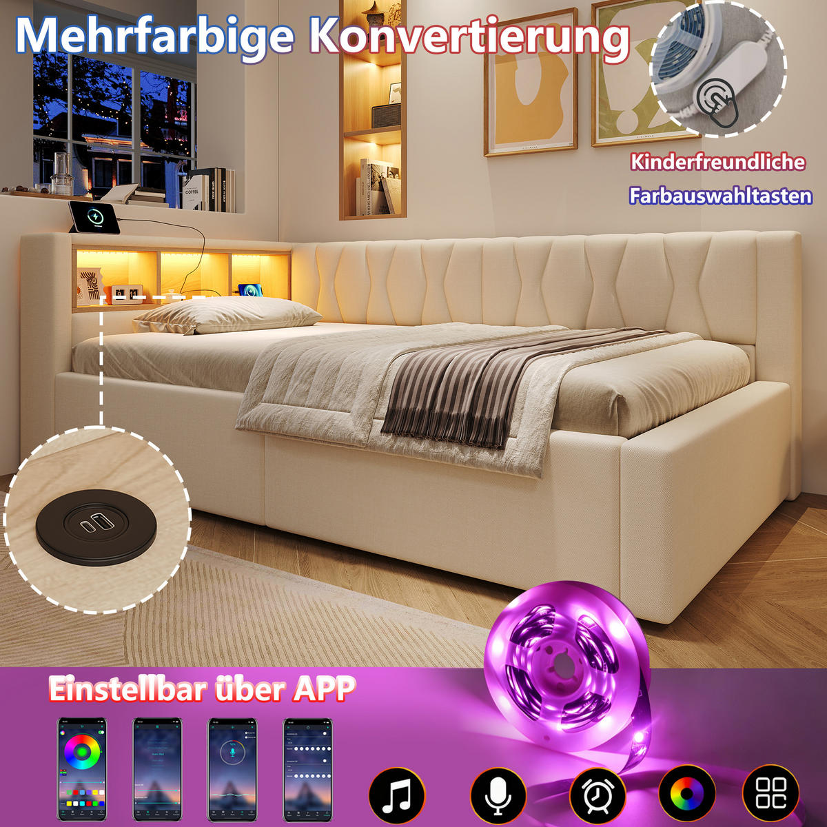 TAGESBETT 90x200cm Schlafsofa Hydraulik LED USB Beige - Beige, Naturmaterialien (90/200cm) - FLIEKS