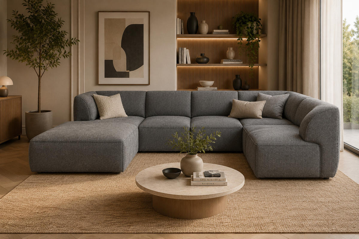 WOHNLANDSCHAFT MOVO - modulares Ecksofa grau – modernes Design und flexible Gestaltung, links - Dunkelgrün/Bordeaux, Kunststoff/Textil (156/78/345cm) - KS Home Concept