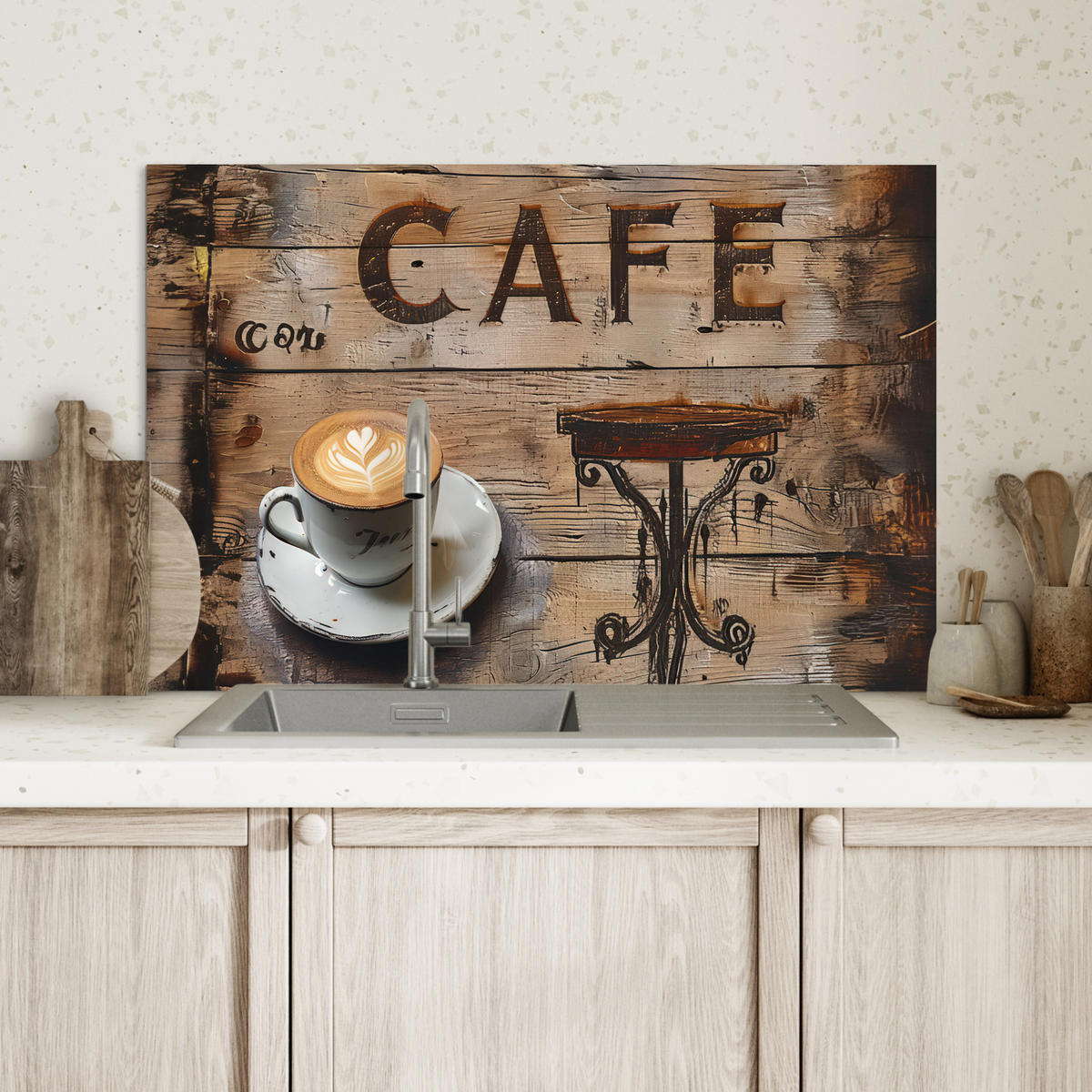 SPRITZSCHUTZ KÜCHE Cafe - Holz - Kaffee - Regale 60x40 cm - Schwarz, Metall (60/0.3/40cm) - MuchoWow