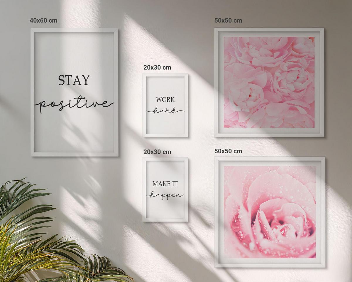 WANDBILDER 5er-Set - 50x50 cm & 20x30 cm & 40x60 cm Weißer Rahmen - Minimalistische rosa Blüten - Weiß, Kunststoff (40/60cm) - ArtPrintCave